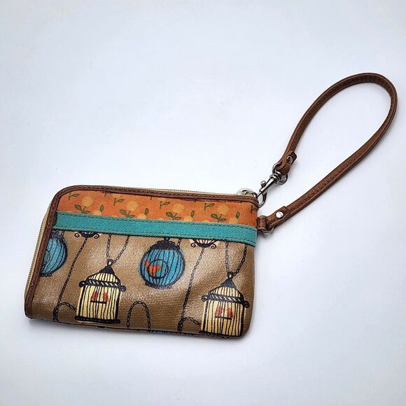 Fossil Key Per Bird Birdcage Floral Coated Canvas Wristlet Bag - Picture 2 of 5